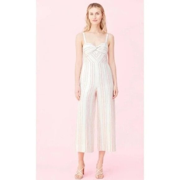 Rebecca Taylor Pants - Rebecca Taylor White & Pink Stripe Wide Leg Linen Cropped Jumpsuit 8‎